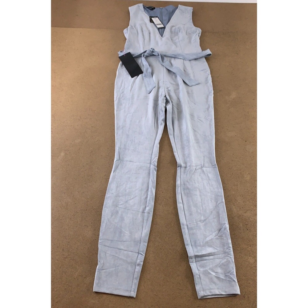 Bebe Women's Medium Light Blue Faux Suede Sleevless V Neck Belted Catsuit NWT